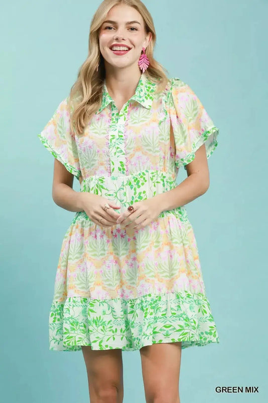 Umgee Mixed Floral Tiered Mini Dress with Flutter Sleeves - Fritsch & Co.