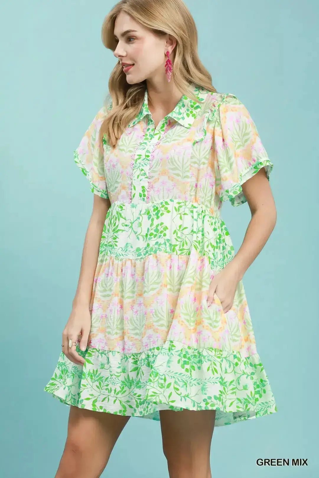 Umgee Mixed Floral Tiered Mini Dress with Flutter Sleeves - Fritsch & Co.