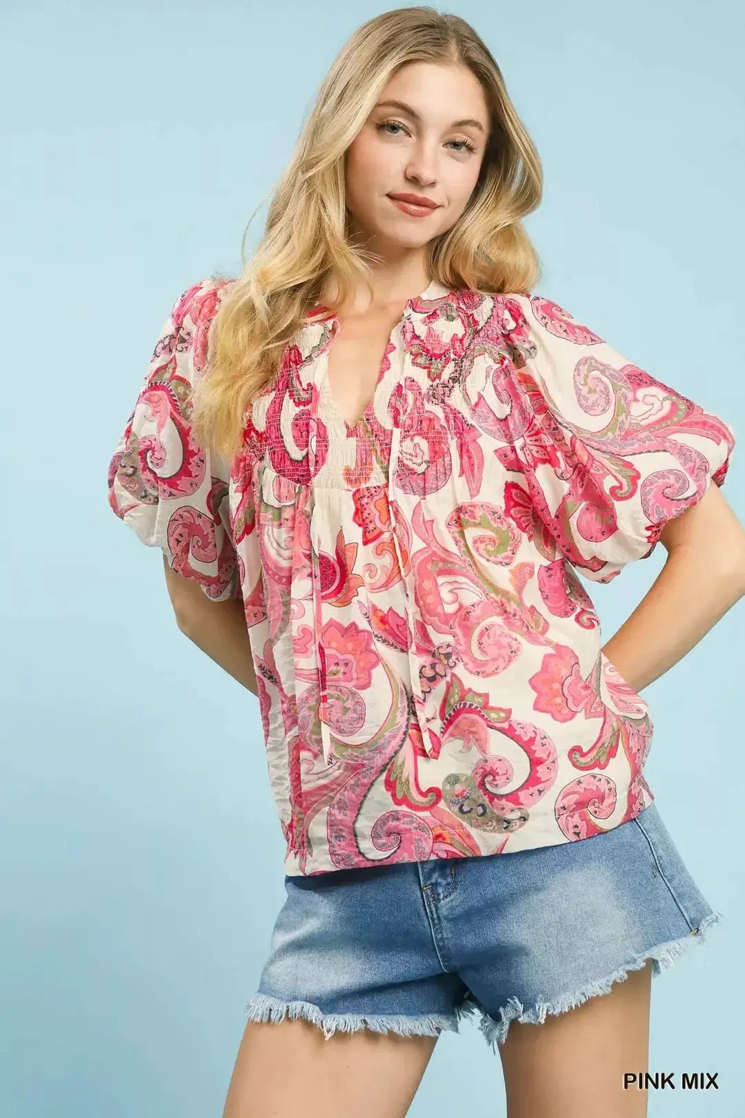Umgee Mixed Paisley Print Peasant Top With Tie Neck Boho Blouse - Fritsch & Co.