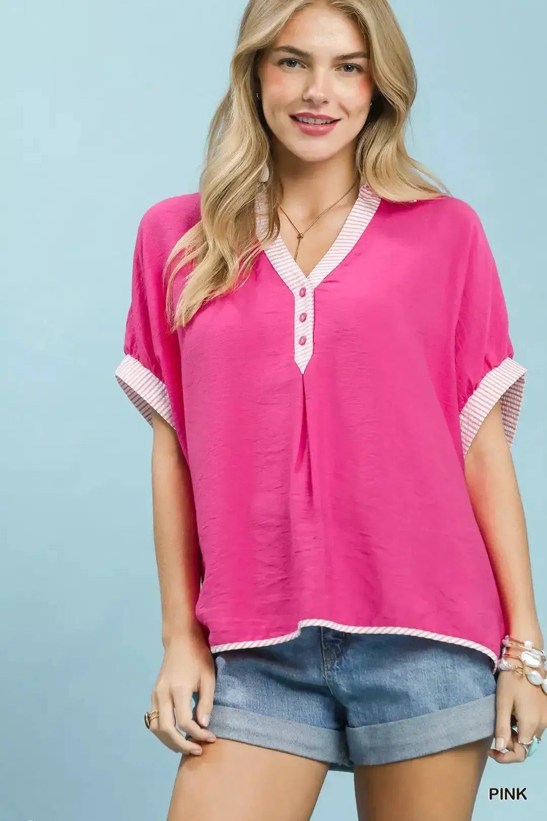 Umgee Oversized Pink Stripe Trim Top Boho Blouse Relaxed Fit - Fritsch & Co.