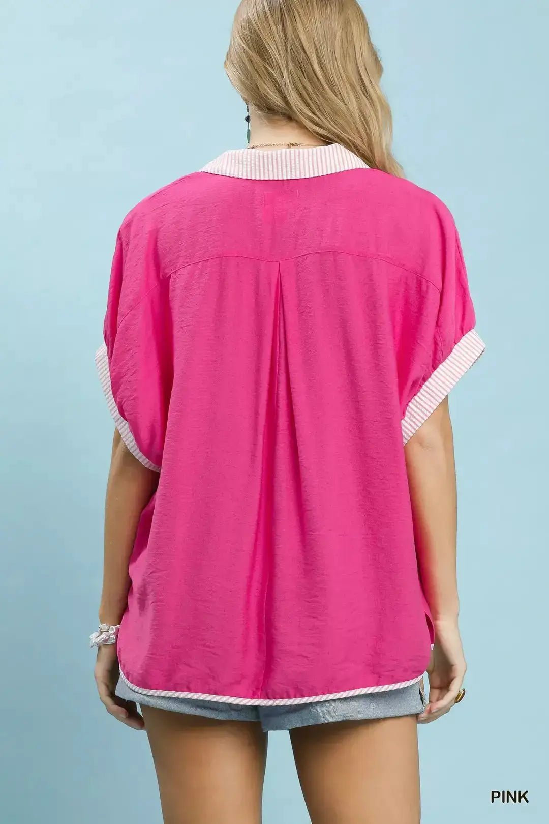 Umgee Oversized Pink Stripe Trim Top Boho Blouse Relaxed Fit - Fritsch & Co.