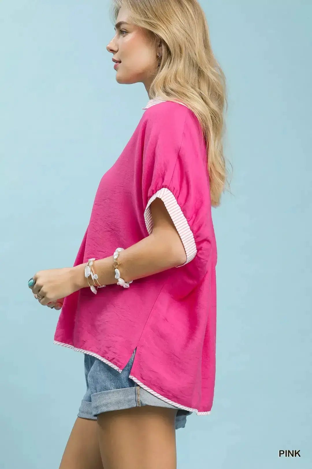 Umgee Oversized Pink Stripe Trim Top Boho Blouse Relaxed Fit - Fritsch & Co.