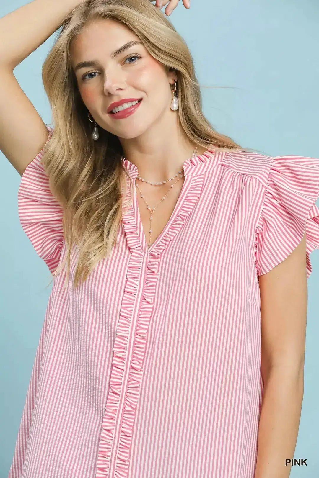 Umgee Ruffled Striped Cap Sleeve Blouse Womens Top - Fritsch & Co.