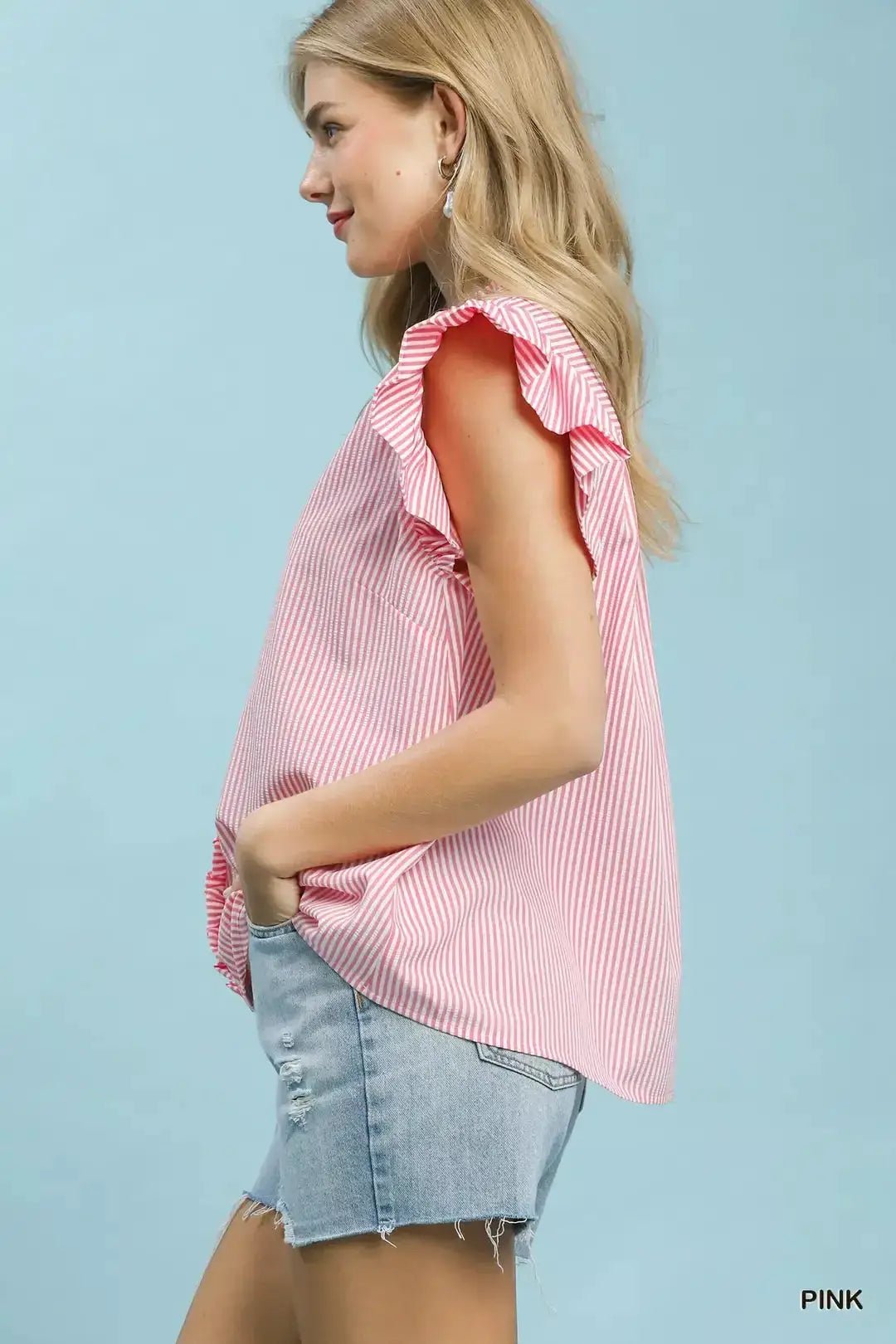 Umgee Ruffled Striped Cap Sleeve Blouse Womens Top - Fritsch & Co.