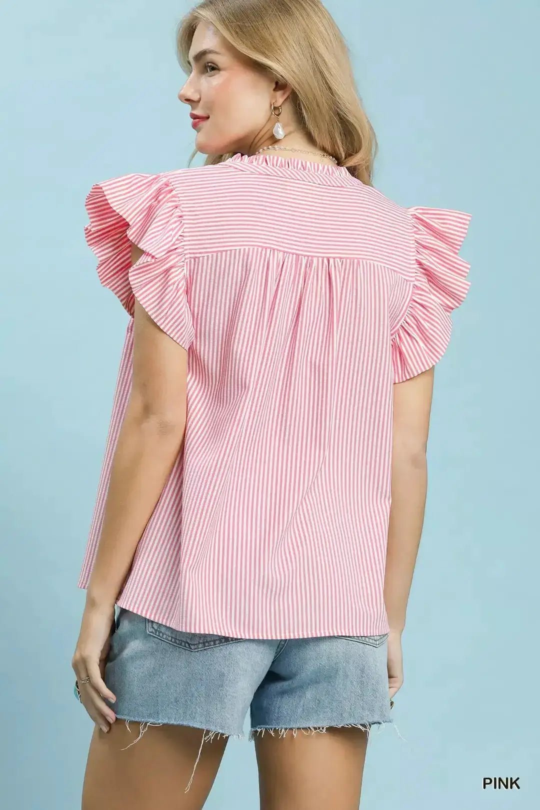 Umgee Ruffled Striped Cap Sleeve Blouse Womens Top - Fritsch & Co.