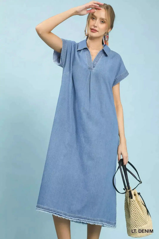 Umgee Stone Washed Collared Denim Midi Dress - Fritsch & Co.