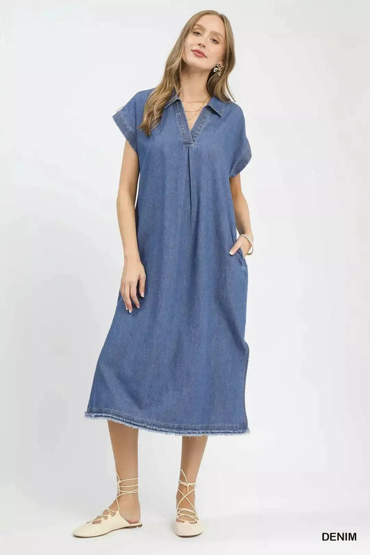 Umgee Stone Washed Collared Denim Midi Dress - Fritsch & Co.