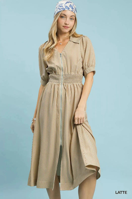 Umgee Striped Midi Dress with Front Zipper - Fritsch & Co.