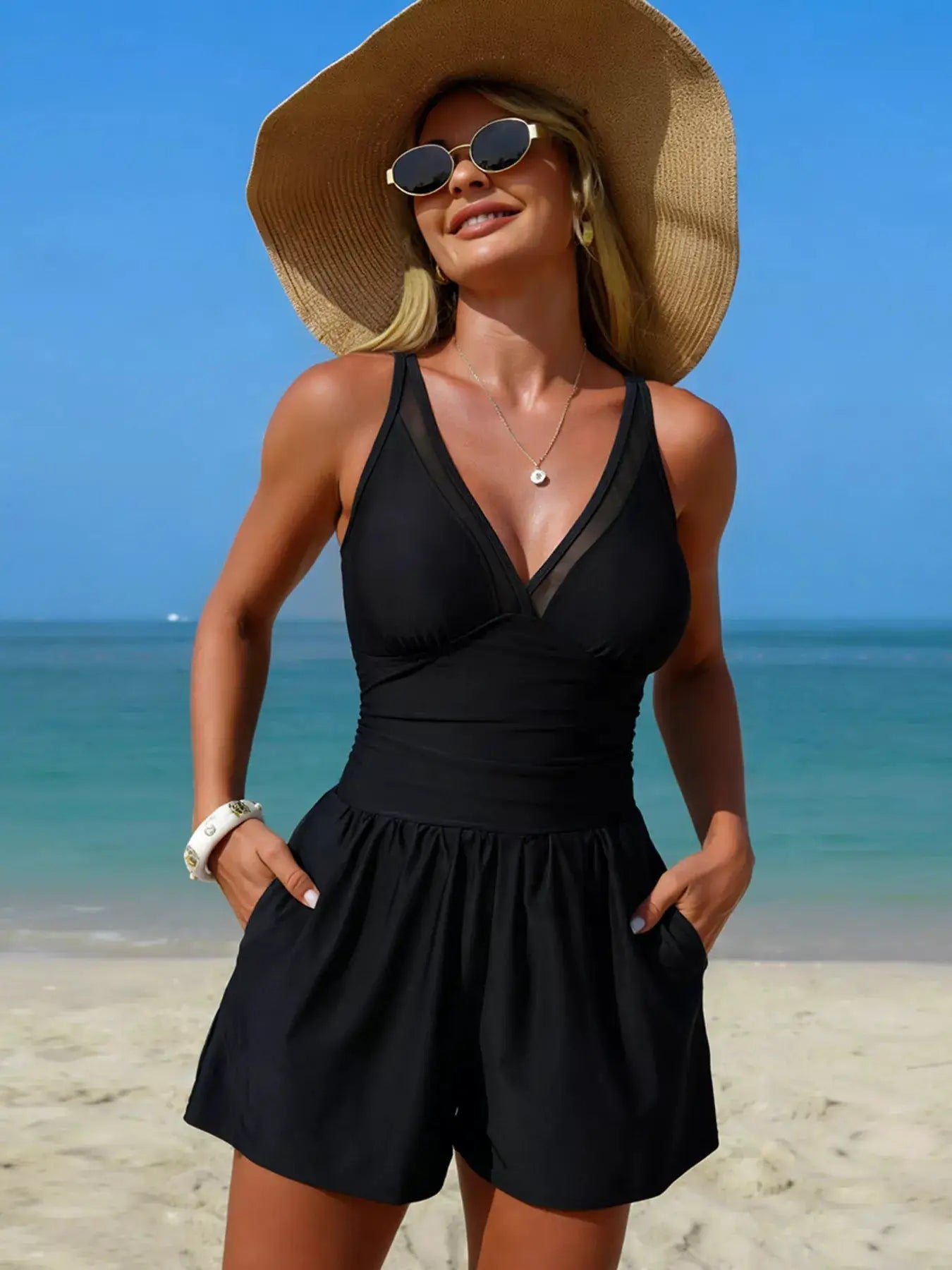 V - Neck Pocketed One - Piece Swimsuit With Removable Padding - Fritsch & Co.