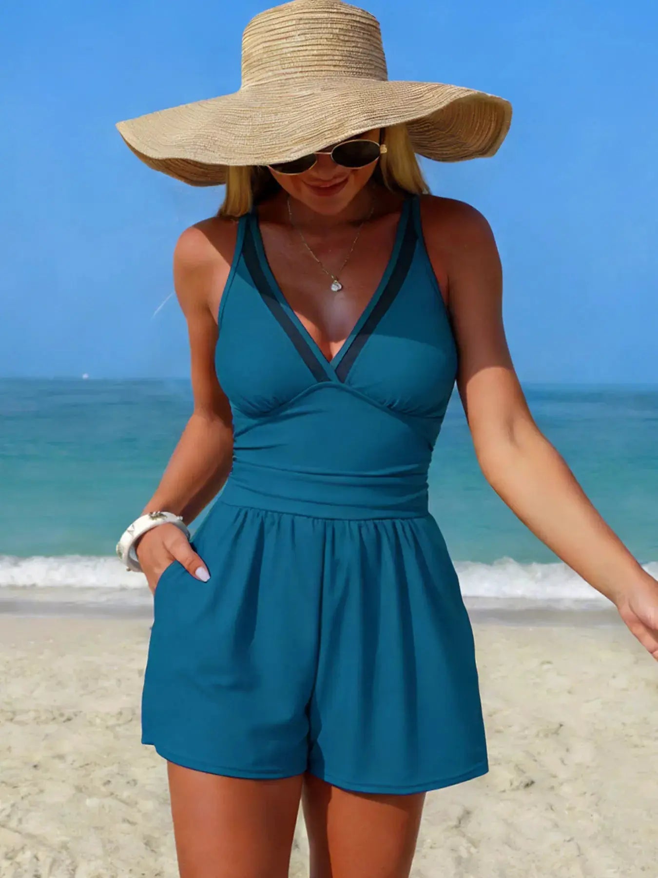 V - Neck Pocketed One - Piece Swimsuit With Removable Padding - Fritsch & Co.