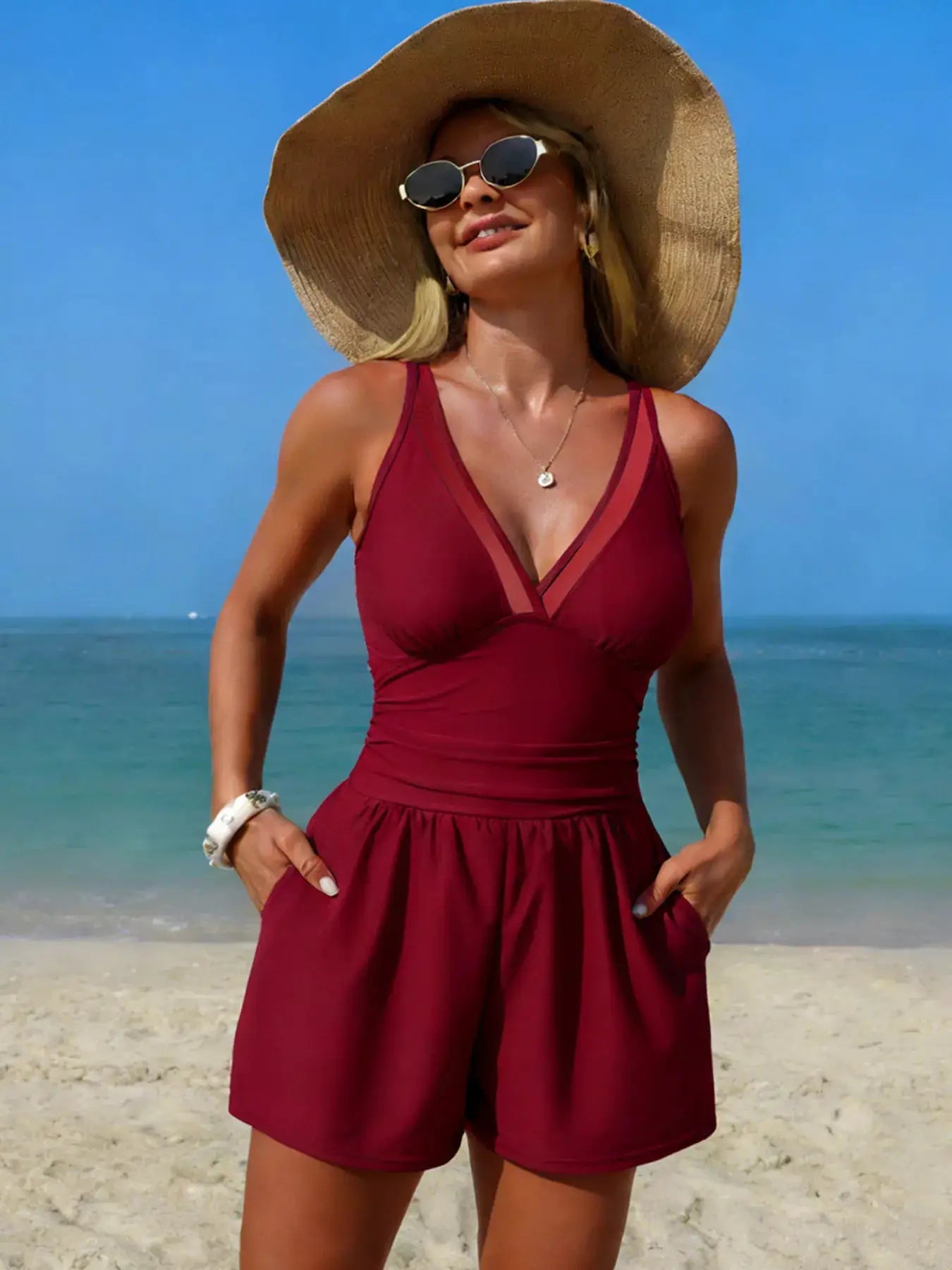 V - Neck Pocketed One - Piece Swimsuit With Removable Padding - Fritsch & Co.