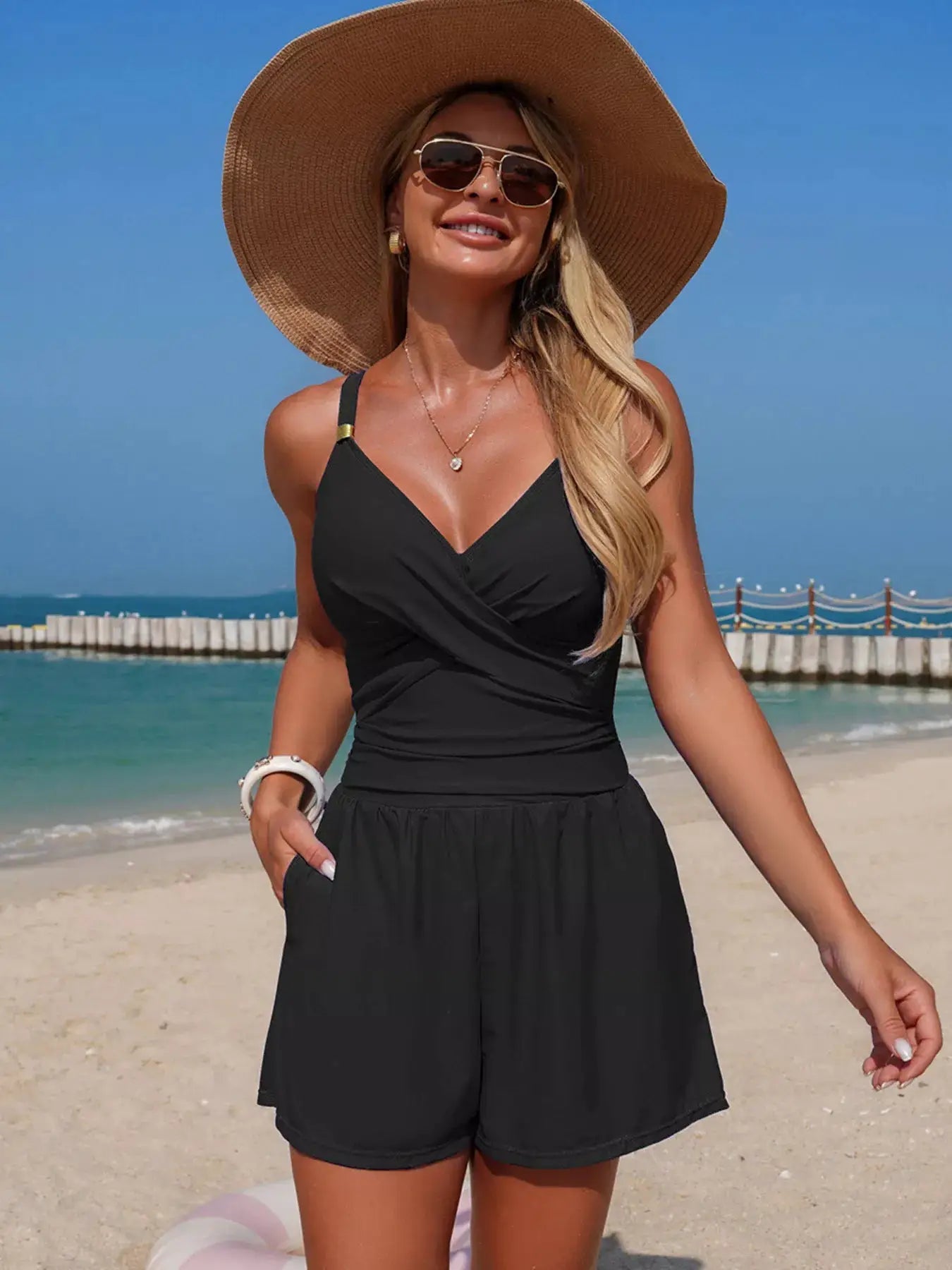 V - Neck Spaghetti Strap One - Piece Swimsuit With Pockets - Fritsch & Co.