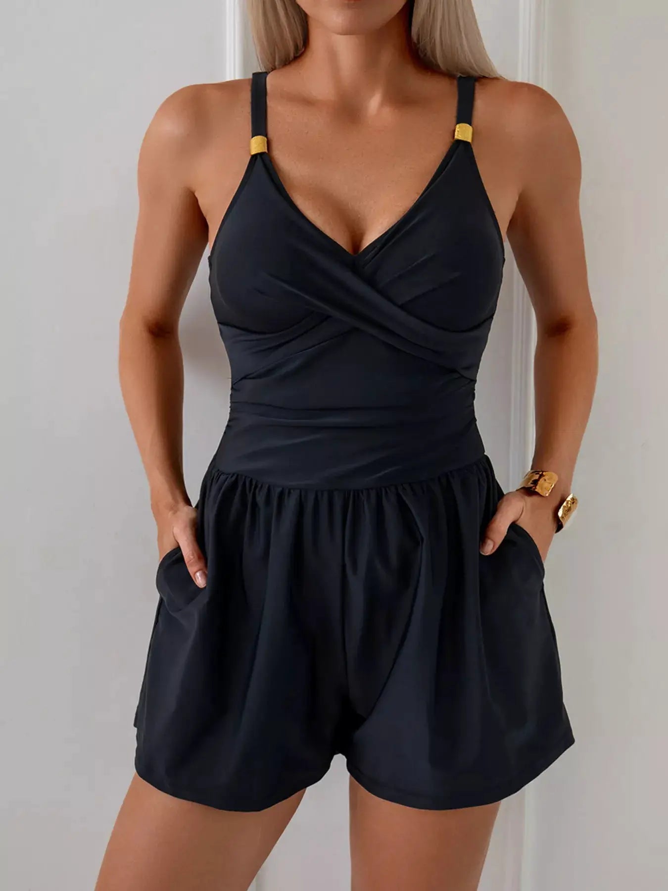 V - Neck Spaghetti Strap One - Piece Swimsuit With Pockets - Fritsch & Co.