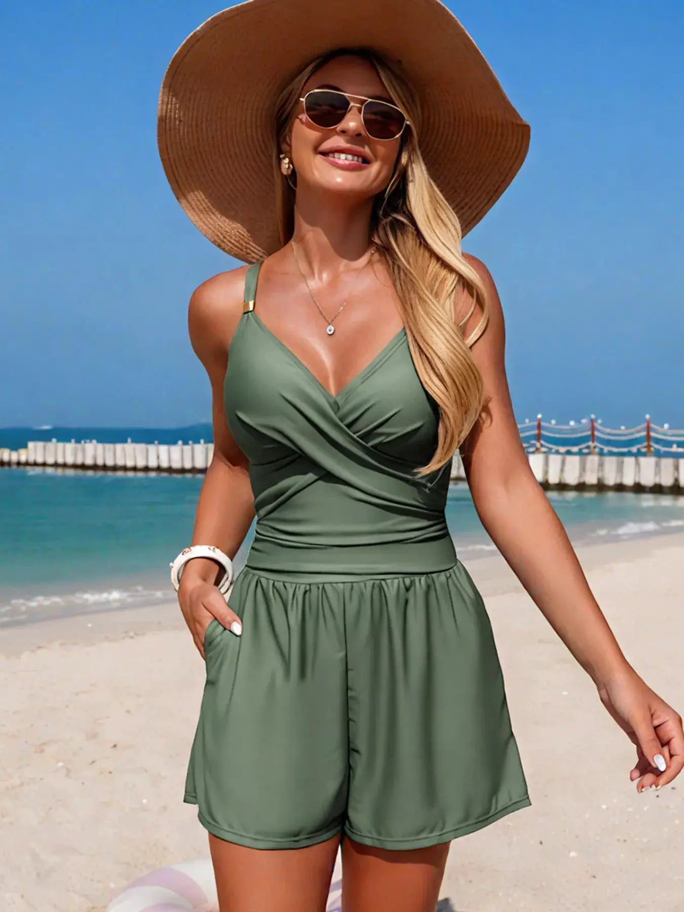 V - Neck Spaghetti Strap One - Piece Swimsuit With Pockets - Fritsch & Co.