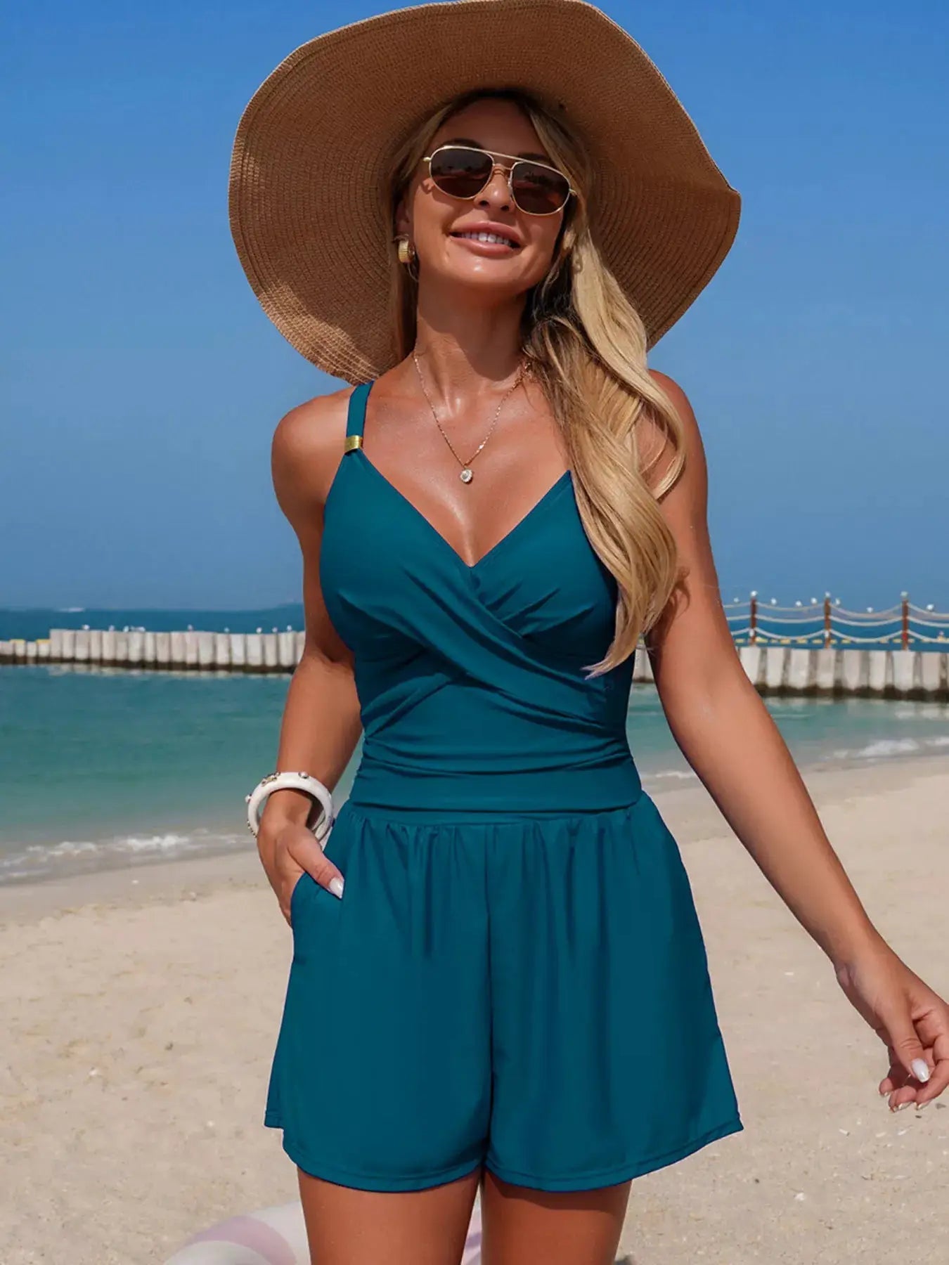 V - Neck Spaghetti Strap One - Piece Swimsuit With Pockets - Fritsch & Co.