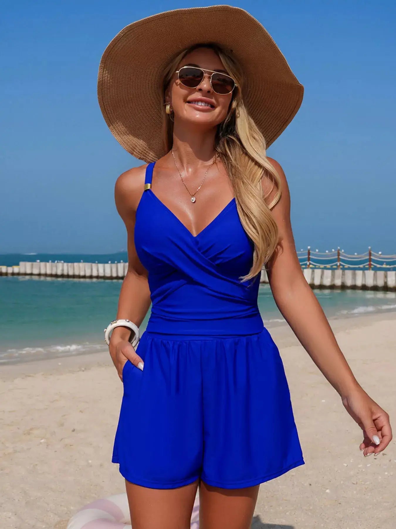 V - Neck Spaghetti Strap One - Piece Swimsuit With Pockets - Fritsch & Co.