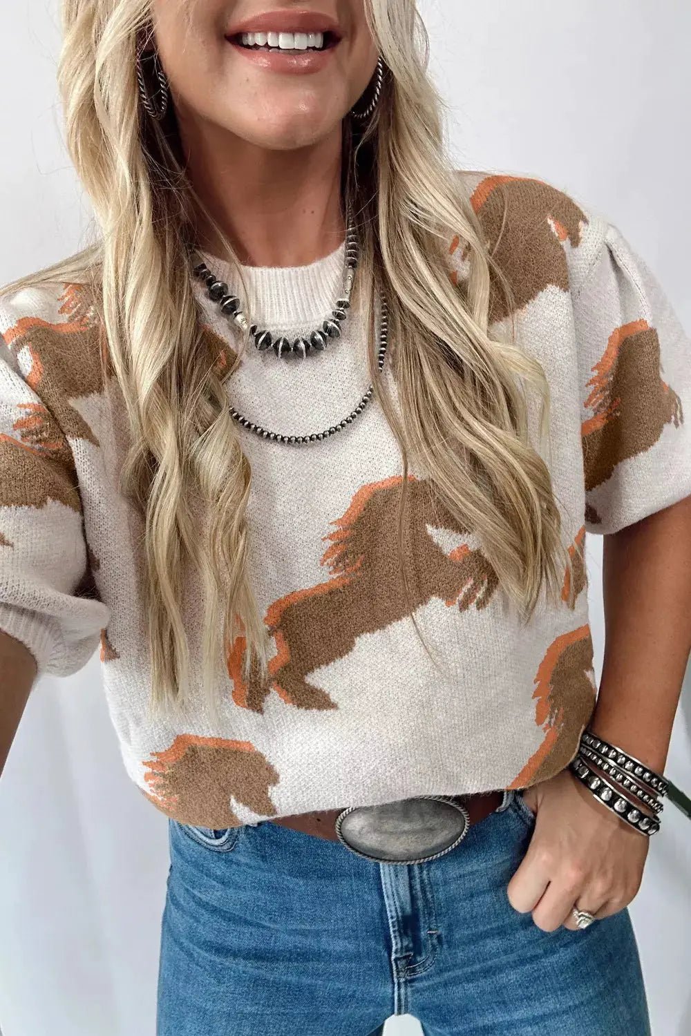 Western Horse Print Short Puff Sleeve Knit Sweater - Fritsch & Co.