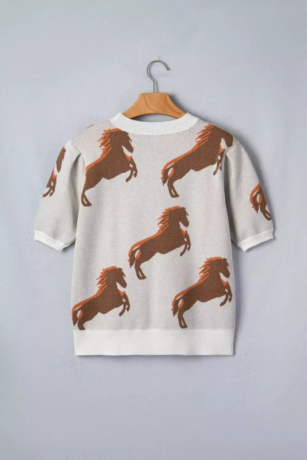 Western Horse Print Short Puff Sleeve Knit Sweater - Fritsch & Co.