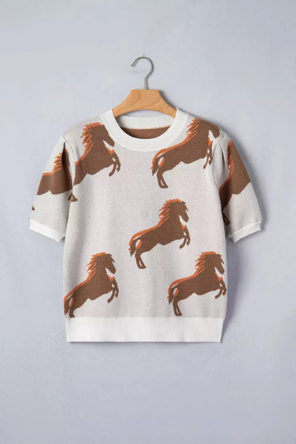 Western Horse Print Short Puff Sleeve Knit Sweater - Fritsch & Co.