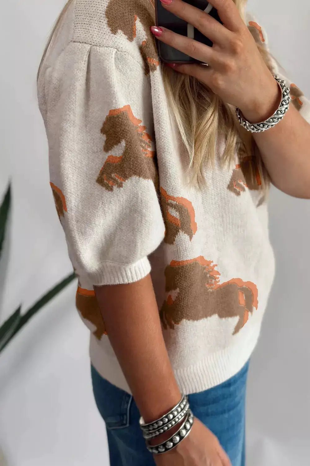 Western Horse Print Short Puff Sleeve Knit Sweater - Fritsch & Co.