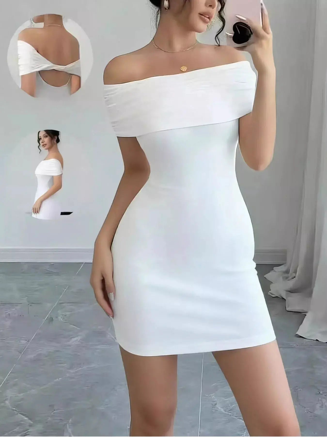 White Off Shoulder Bodycon Mini Dress Backless Polyester - Fritsch & Co.