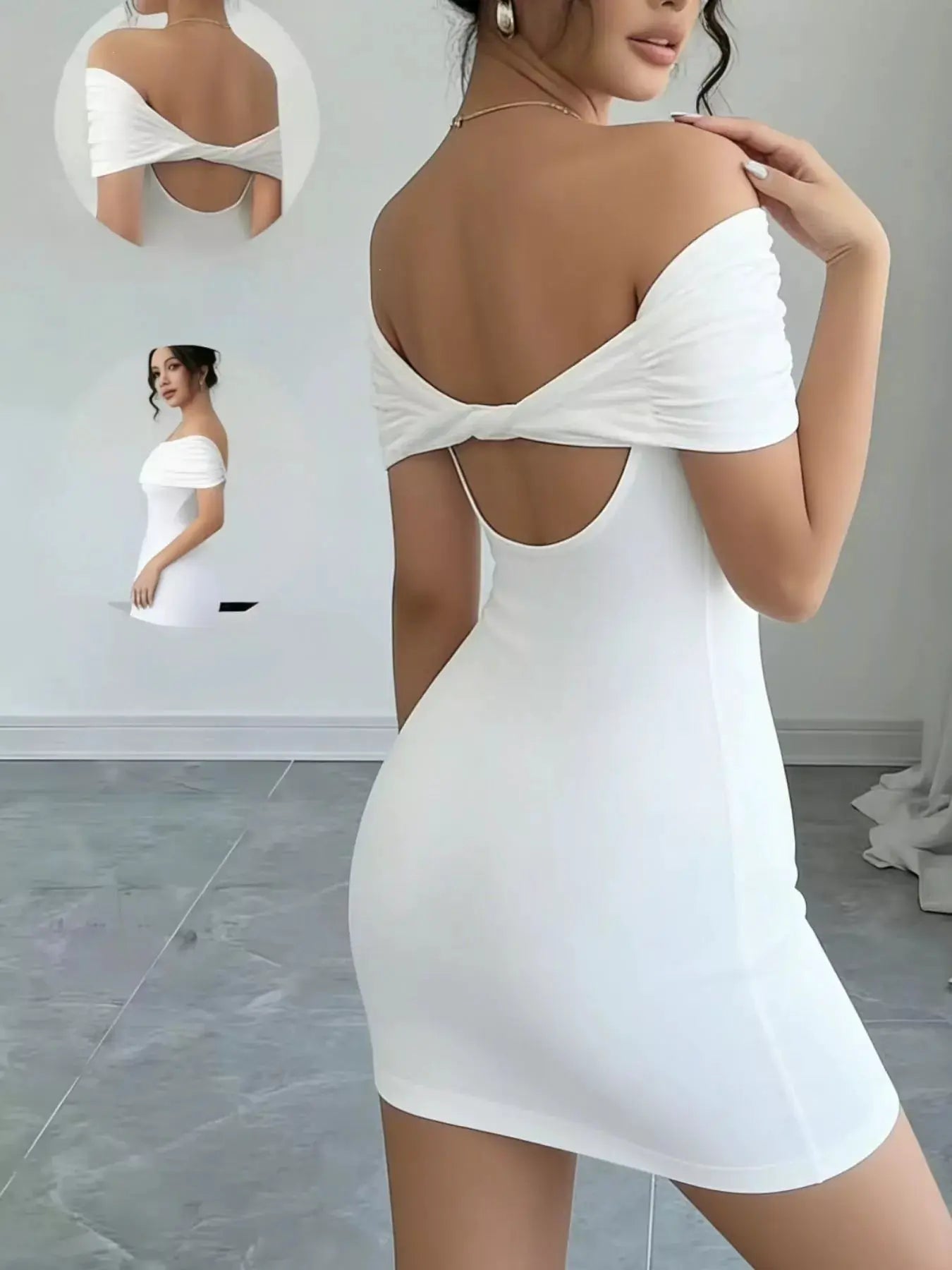White Off Shoulder Bodycon Mini Dress Backless Polyester - Fritsch & Co.