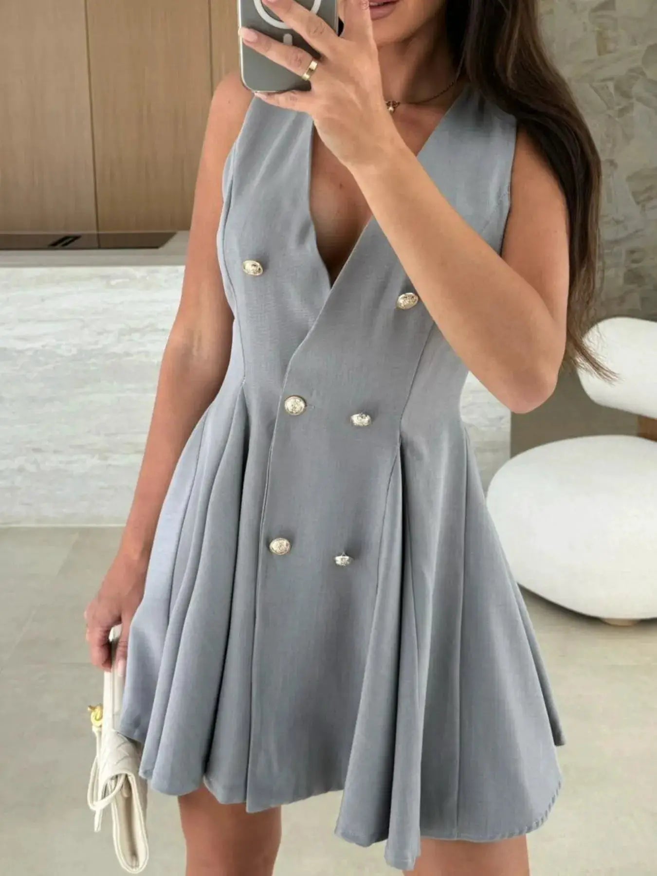 White Sleeveless Double Breasted Mini Dress With Pleated Skirt - Fritsch & Co.