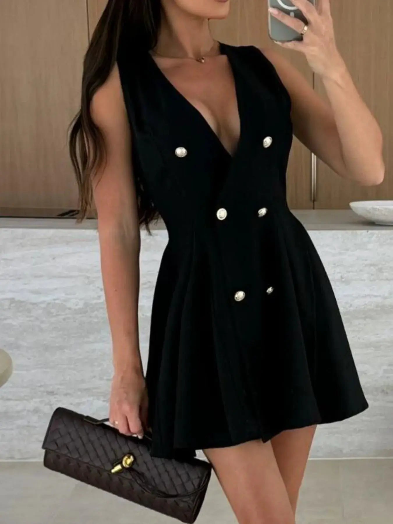 White Sleeveless Double Breasted Mini Dress With Pleated Skirt - Fritsch & Co.