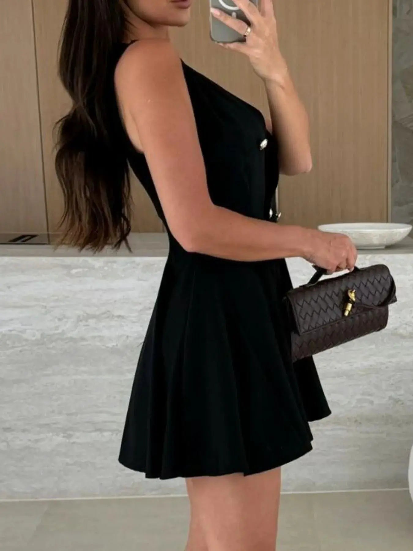 White Sleeveless Double Breasted Mini Dress With Pleated Skirt - Fritsch & Co.