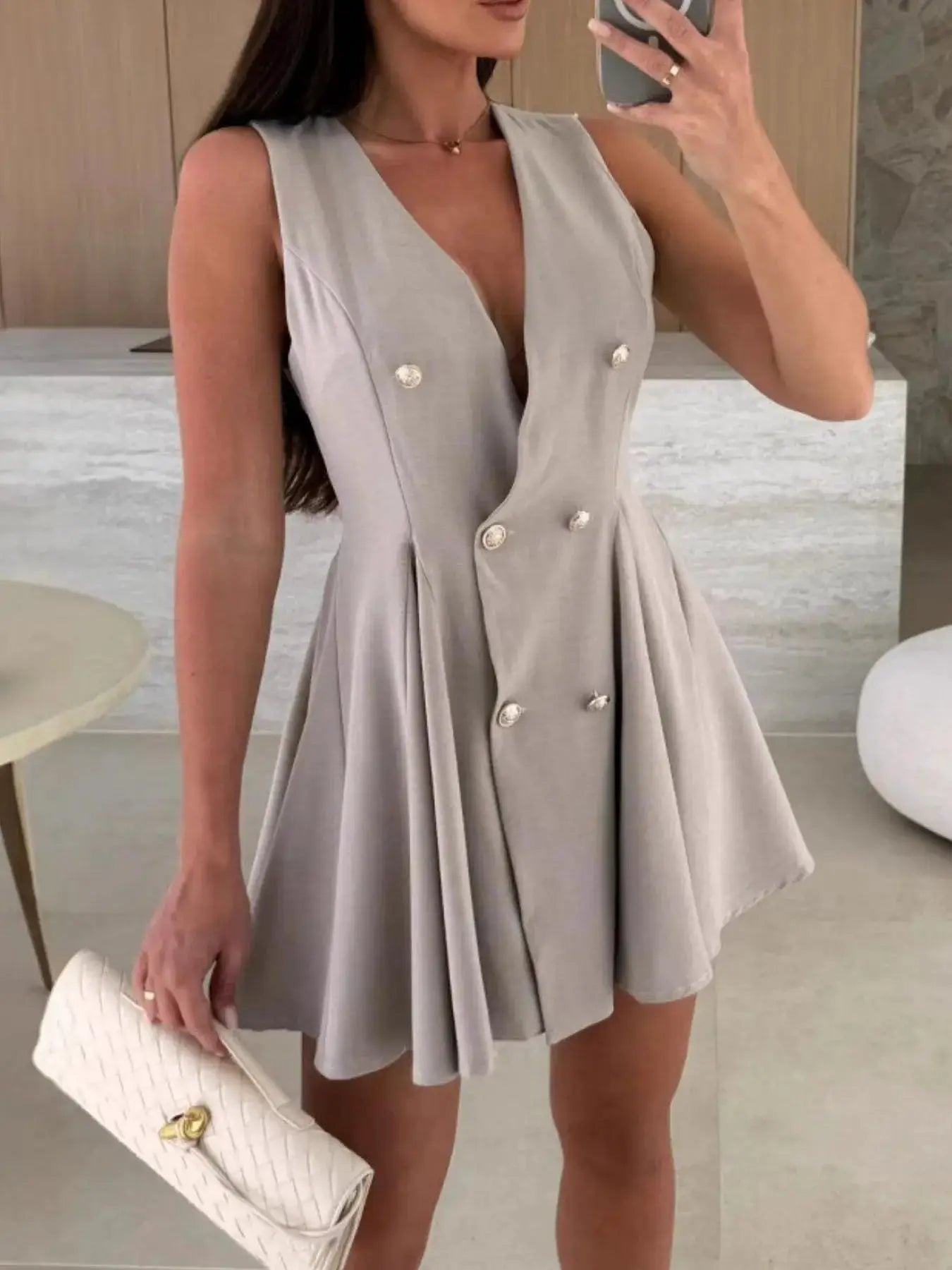 White Sleeveless Double Breasted Mini Dress With Pleated Skirt - Fritsch & Co.