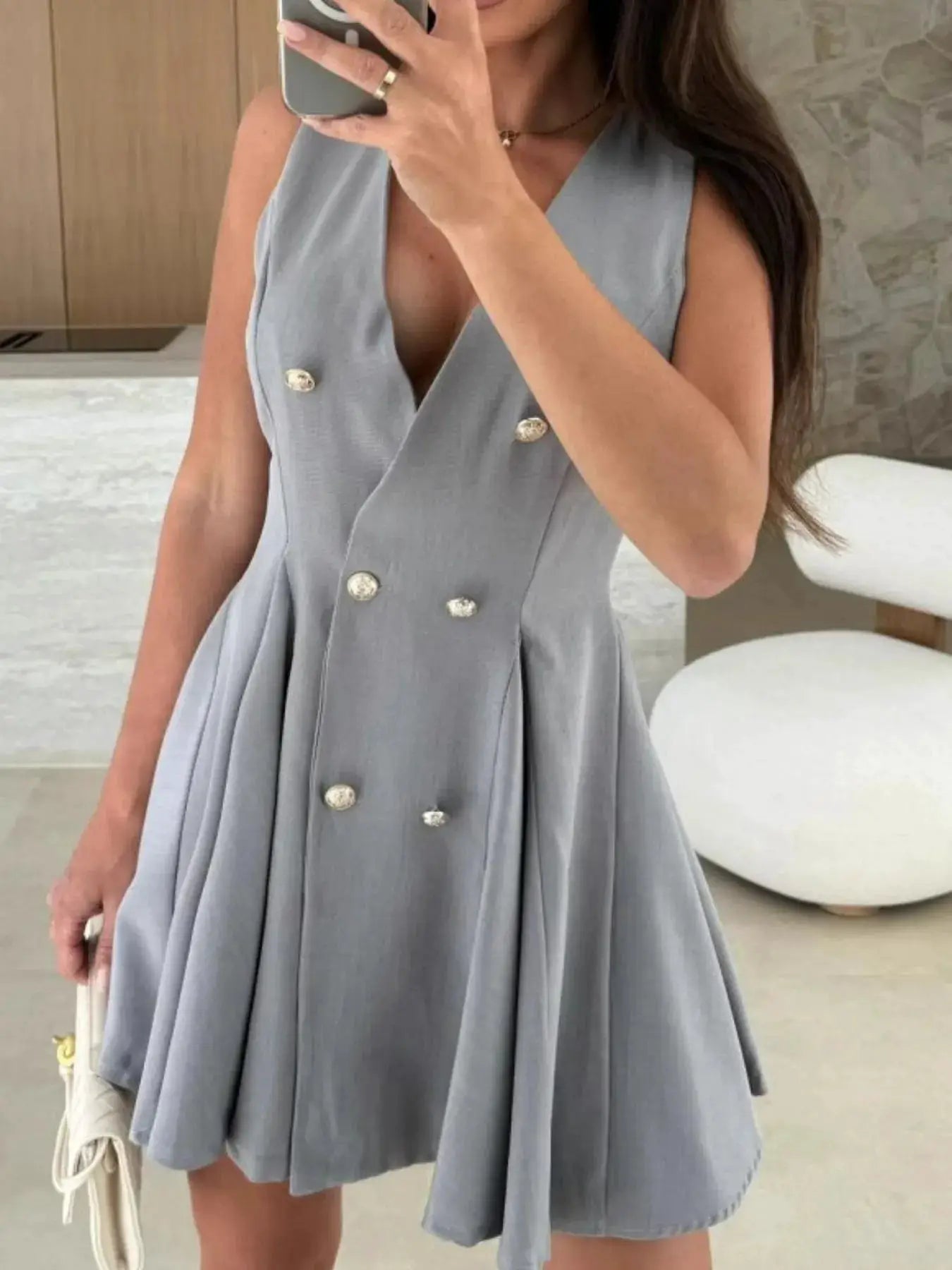 White Sleeveless Double Breasted Mini Dress With Pleated Skirt - Fritsch & Co.