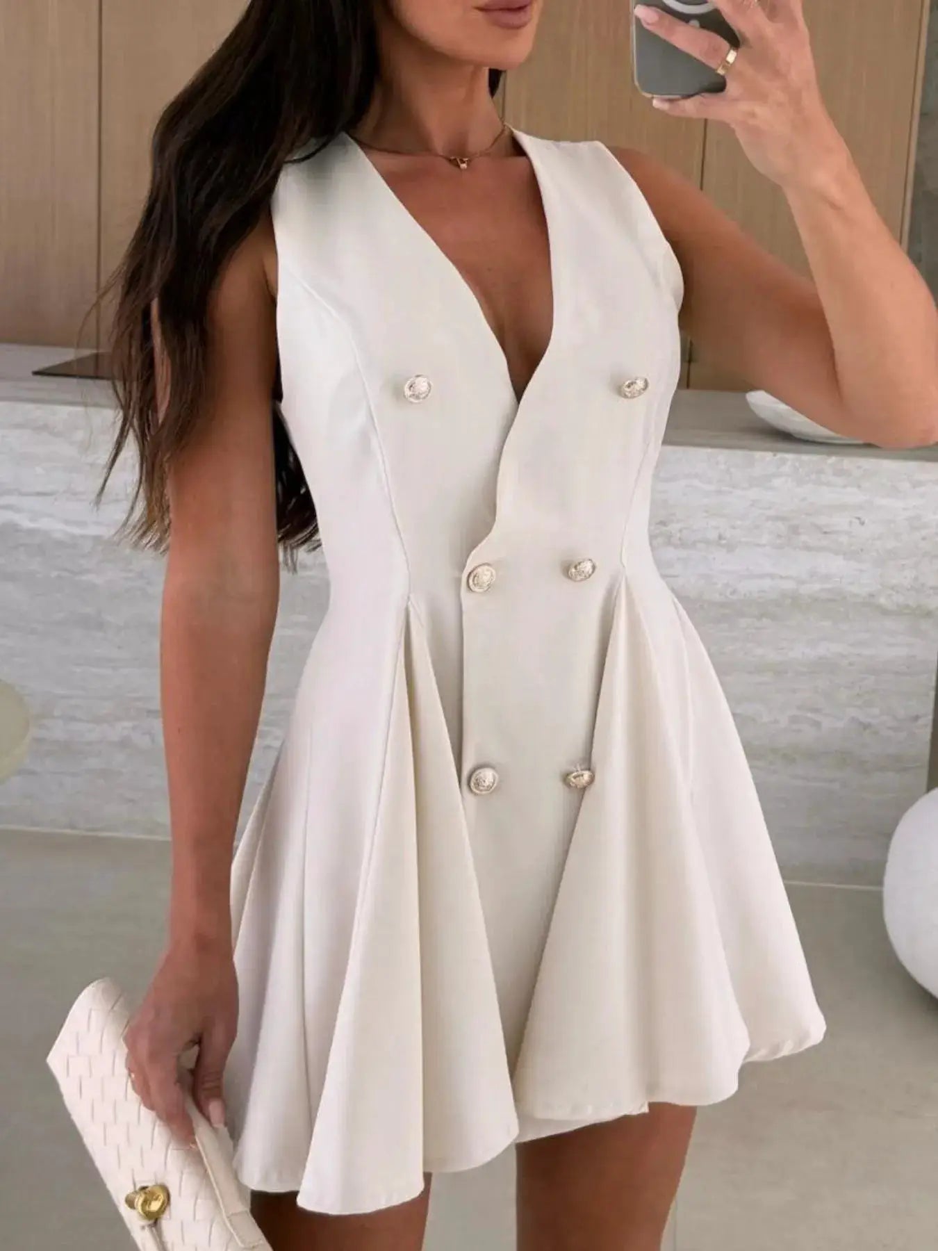 White Sleeveless Double Breasted Mini Dress With Pleated Skirt - Fritsch & Co.
