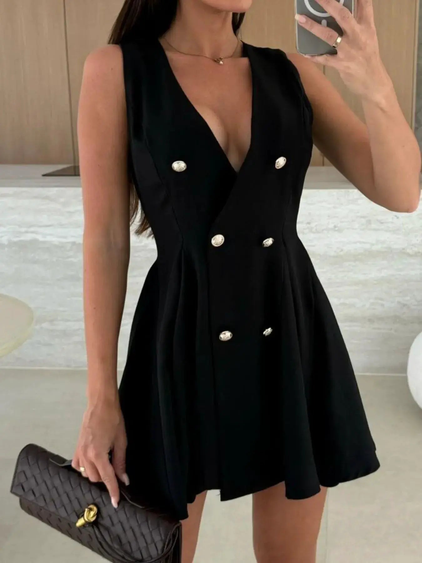 White Sleeveless Double Breasted Mini Dress With Pleated Skirt - Fritsch & Co.