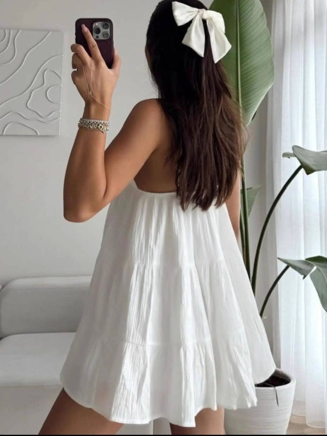 White V Neck Tiered Mini Dress 100% Cotton Summer Style - Fritsch & Co.