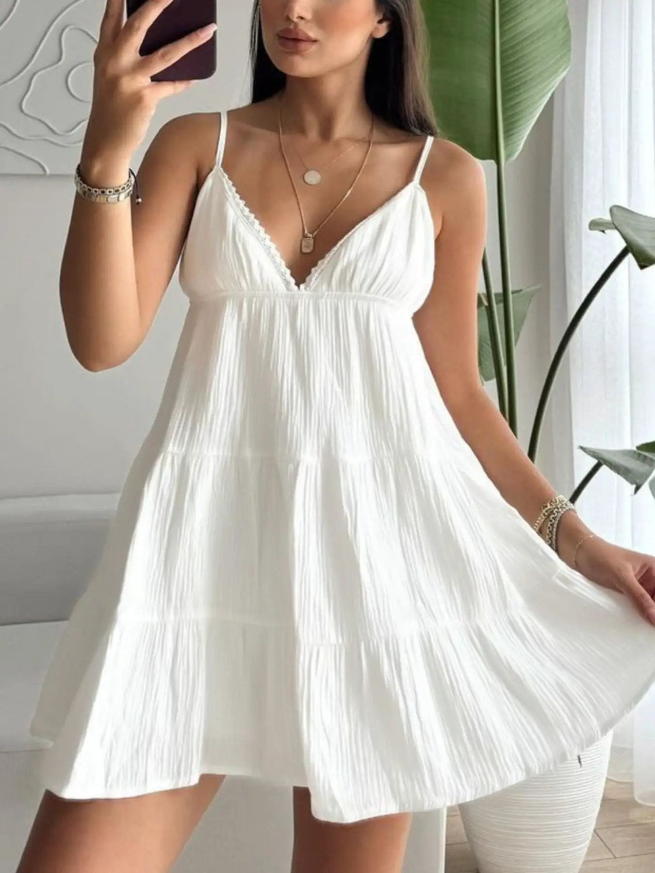 White V Neck Tiered Mini Dress 100% Cotton Summer Style - Fritsch & Co.