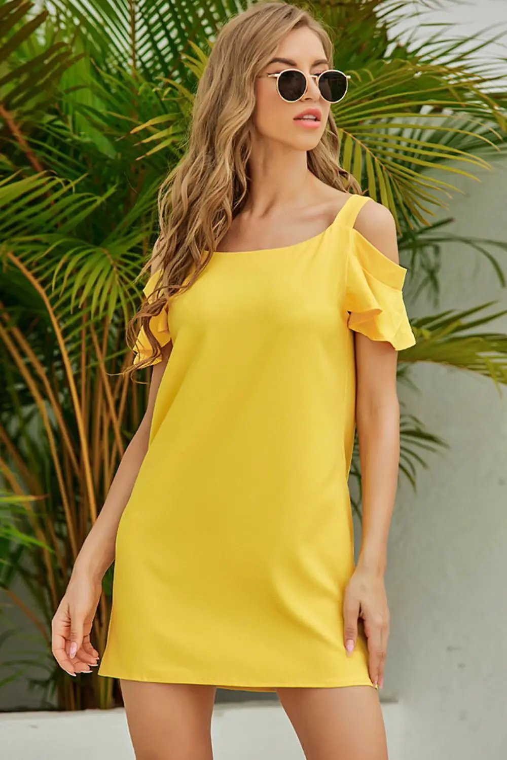 Yellow Casual Cold Shoulder Mini Dress With Ruffle Short Sleeves - Fritsch & Co.