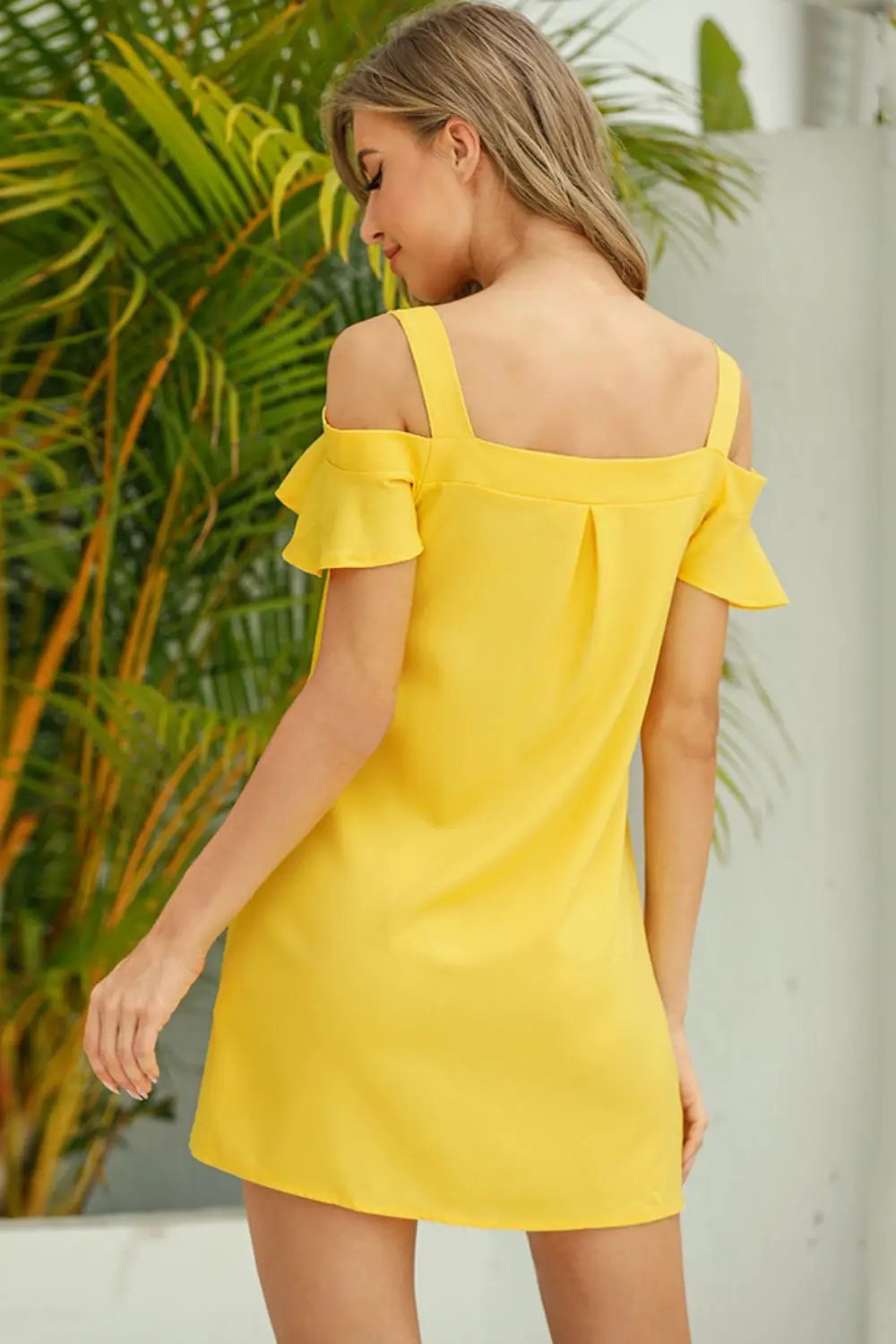 Yellow Casual Cold Shoulder Mini Dress With Ruffle Short Sleeves - Fritsch & Co.