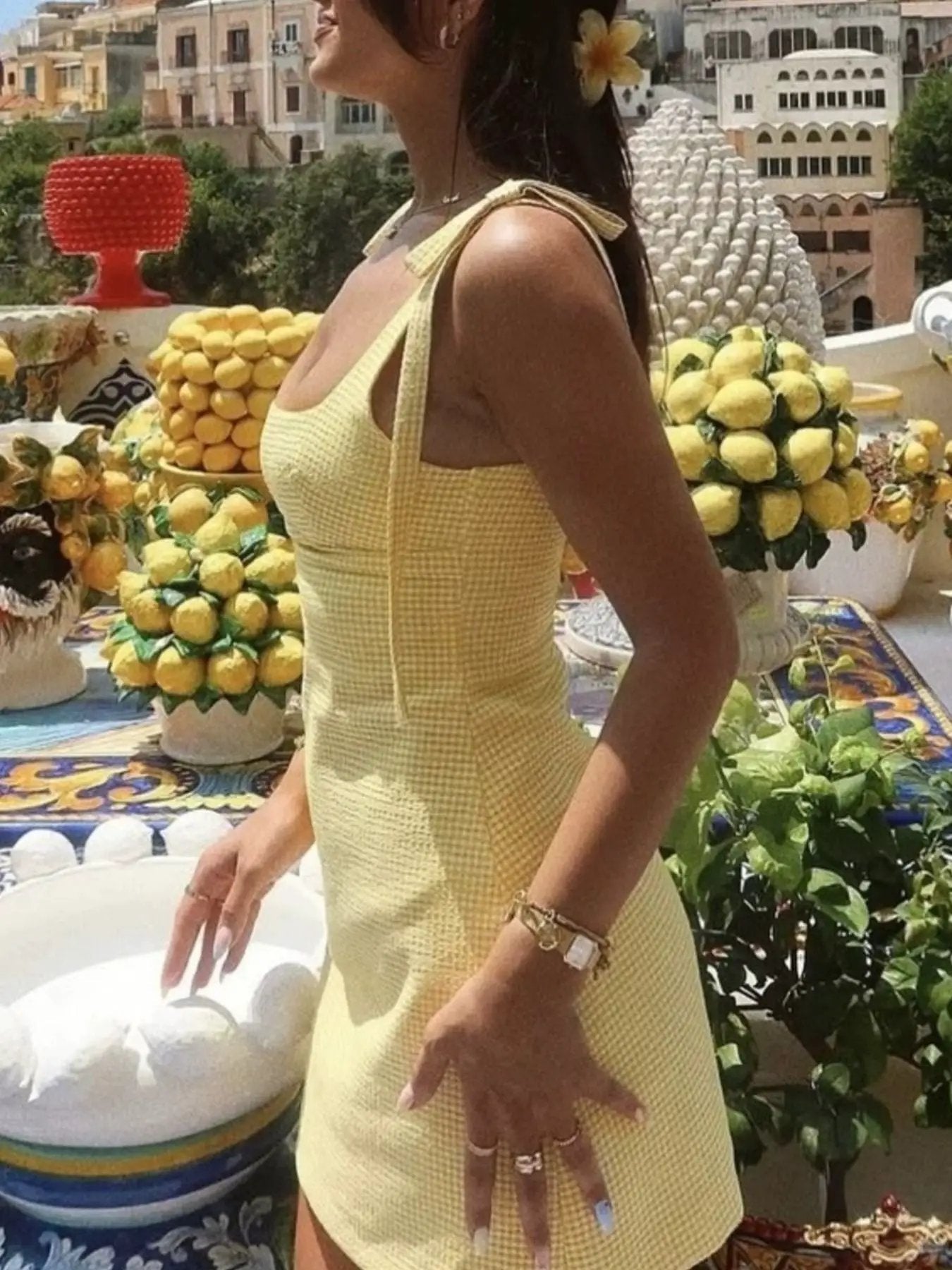 Yellow Gingham Tie Shoulder Mini Dress Cotton Spandex Blend - Fritsch & Co.