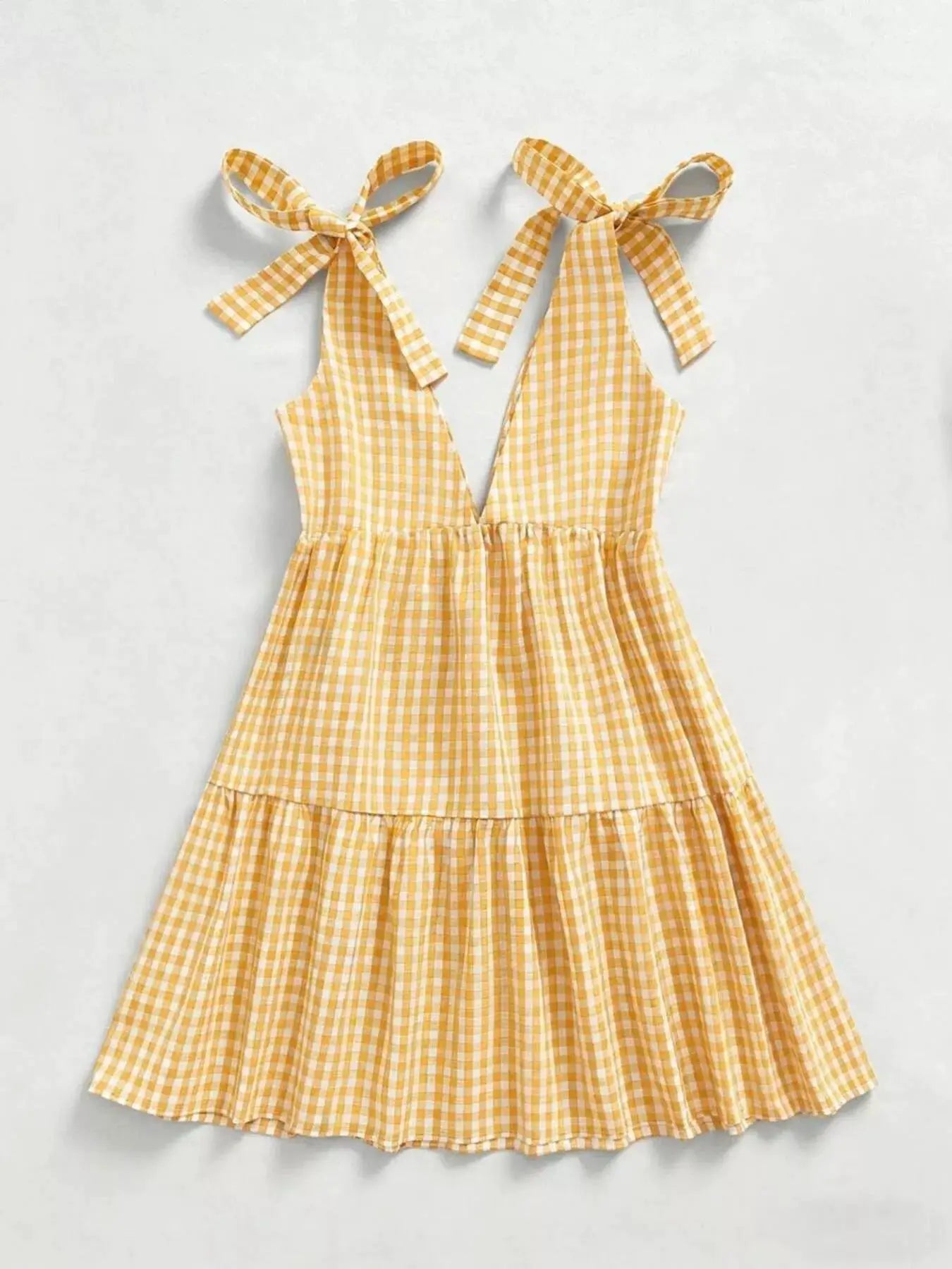 Yellow Gingham Tie Shoulder Mini Dress For Summer Outings - Fritsch & Co.