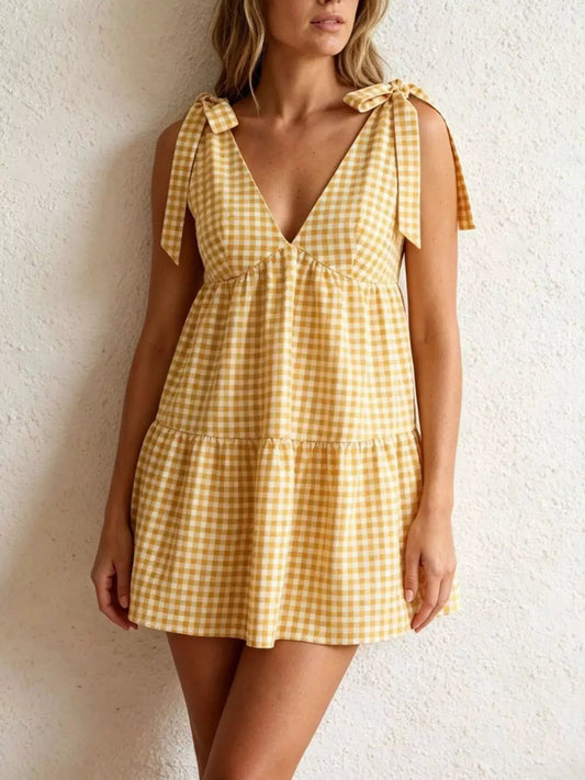Yellow Gingham Tie Shoulder Mini Dress For Summer Outings - Fritsch & Co.