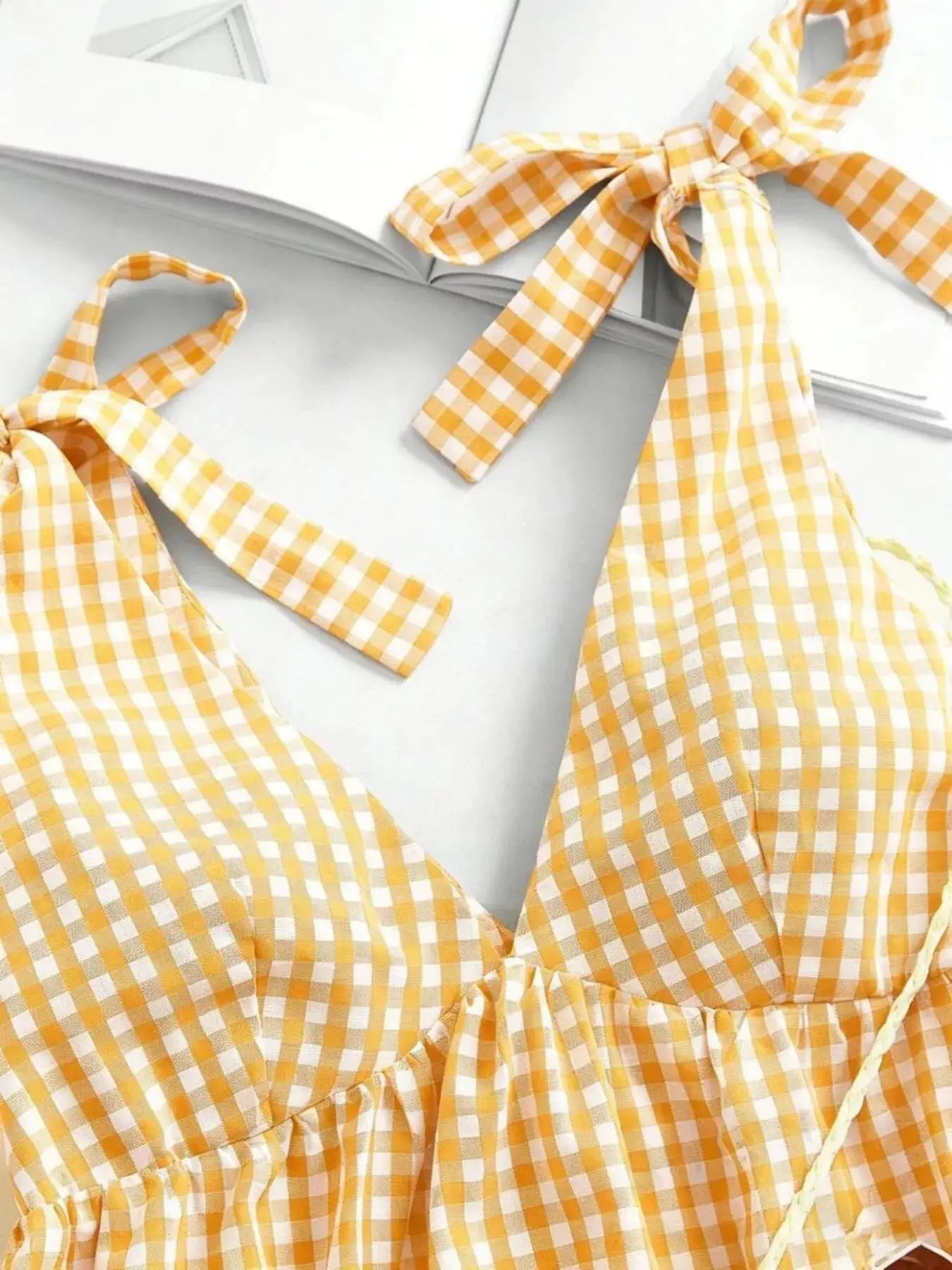 Yellow Gingham Tie Shoulder Mini Dress For Summer Outings - Fritsch & Co.
