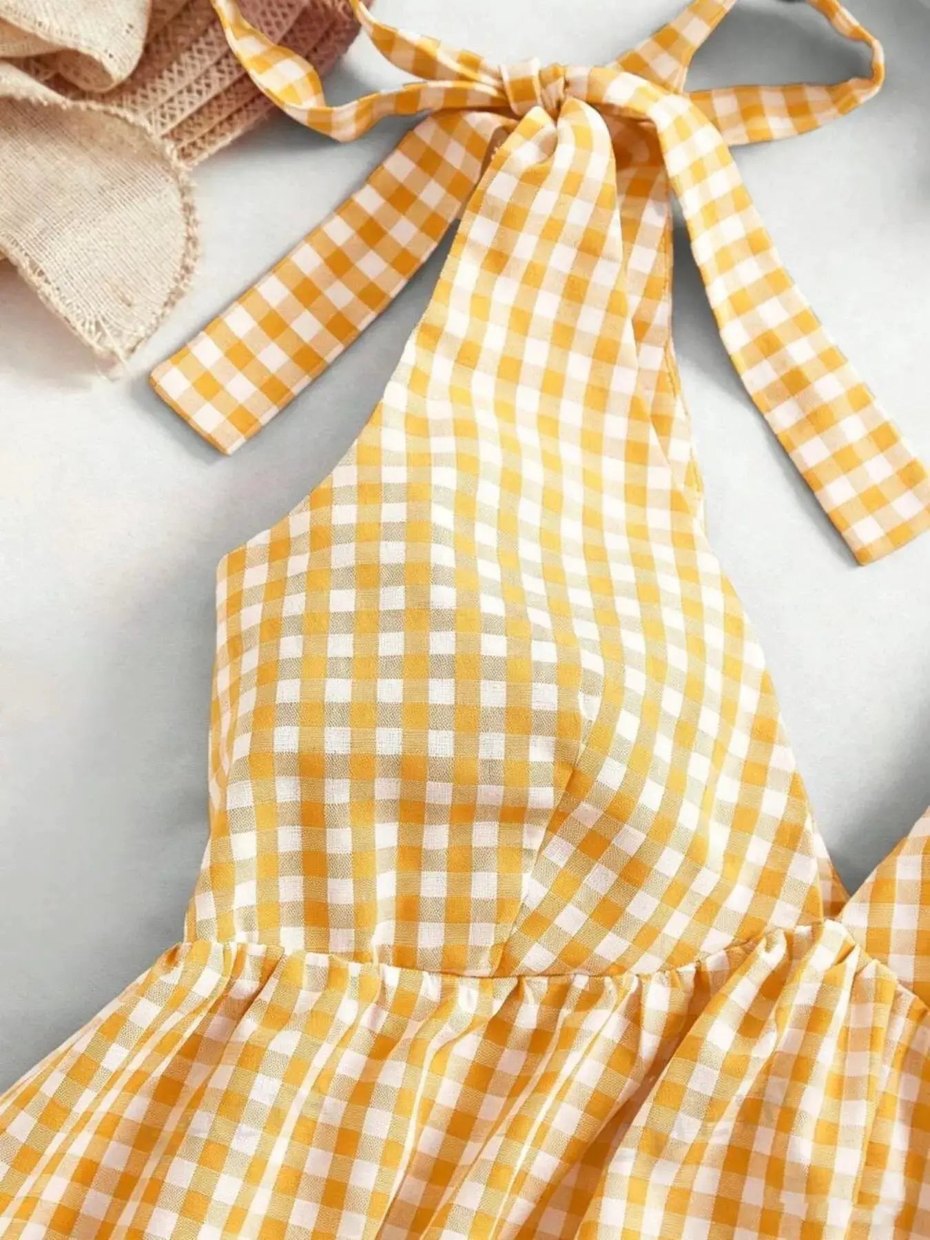 Yellow Gingham Tie Shoulder Mini Dress For Summer Outings - Fritsch & Co.