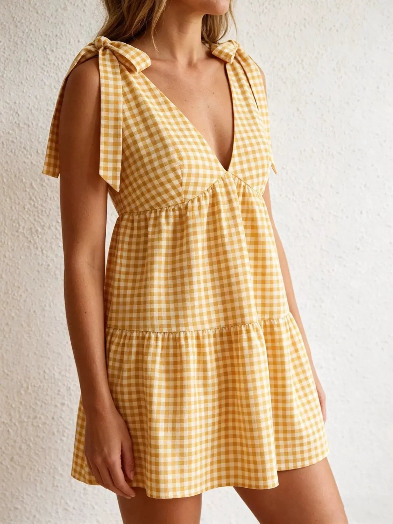 Yellow Gingham Tie Shoulder Mini Dress For Summer Outings - Fritsch & Co.