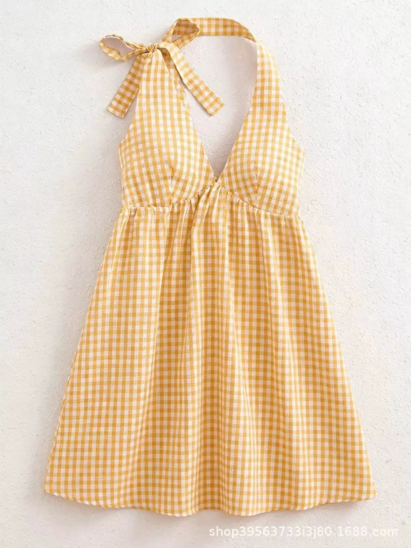 Yellow Gingham Tie Shoulder Mini Dress For Summer Outings - Fritsch & Co.