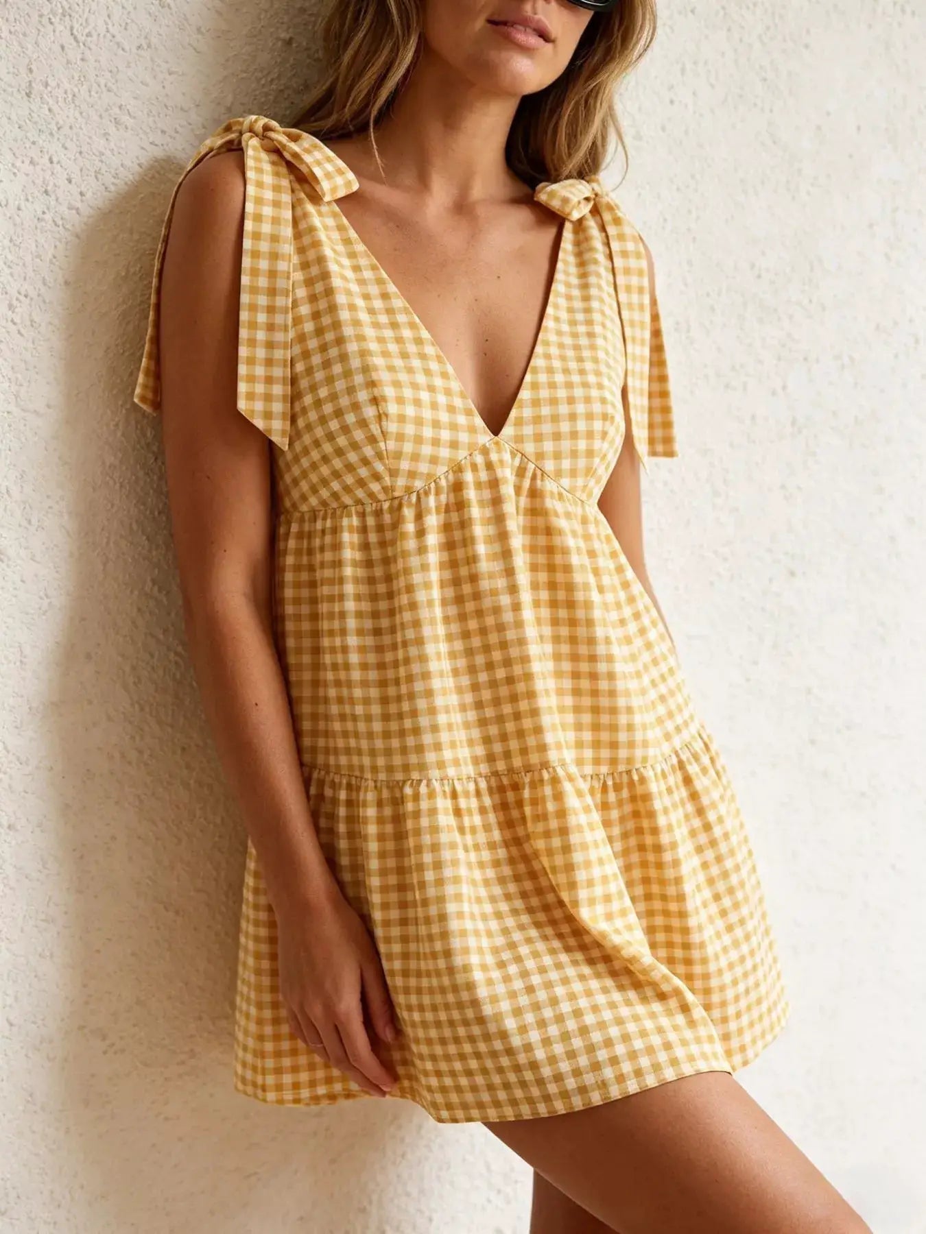 Yellow Gingham Tie Shoulder Mini Dress For Summer Outings - Fritsch & Co.