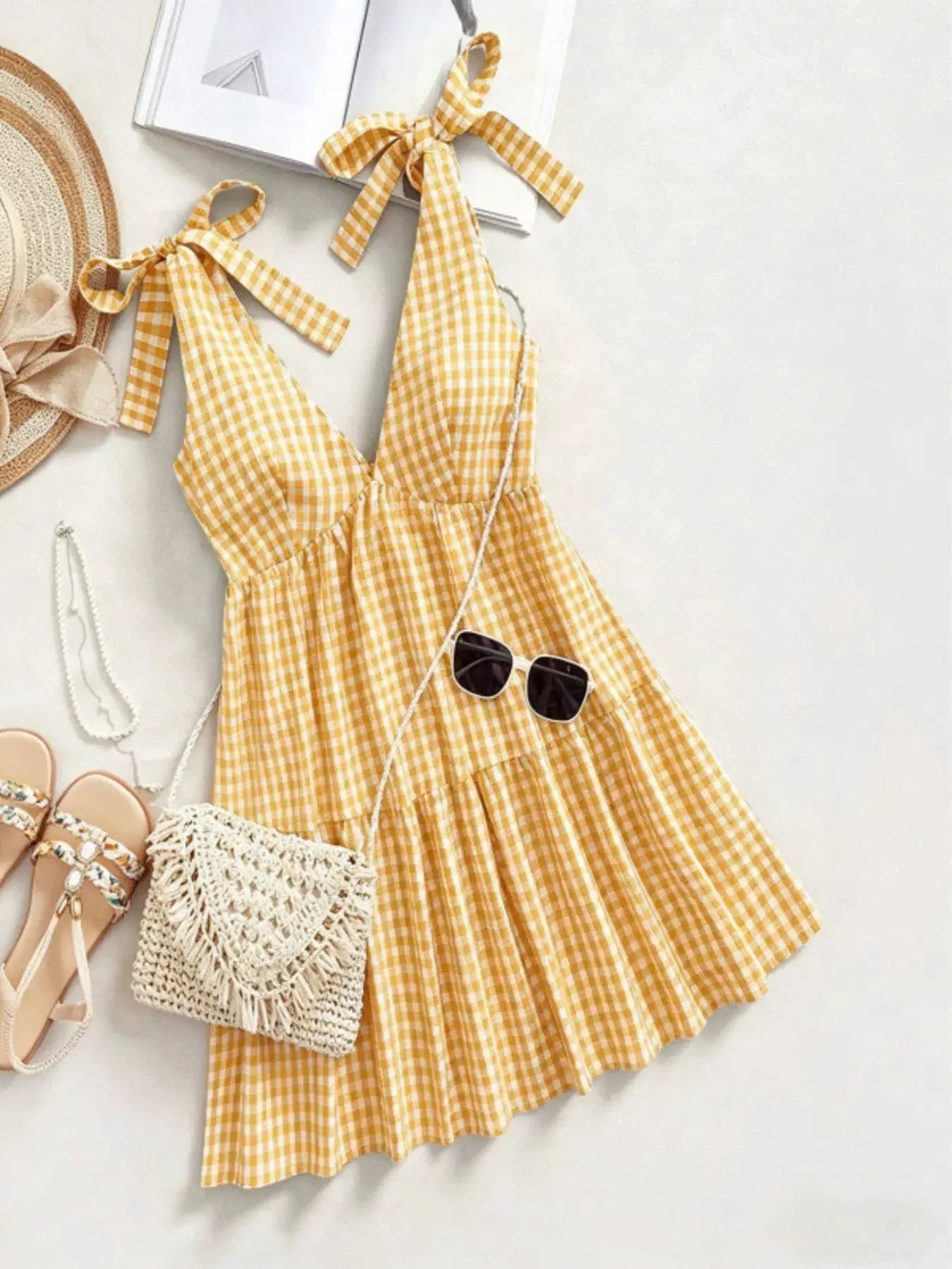 Yellow Gingham Tie Shoulder Mini Dress For Summer Outings - Fritsch & Co.
