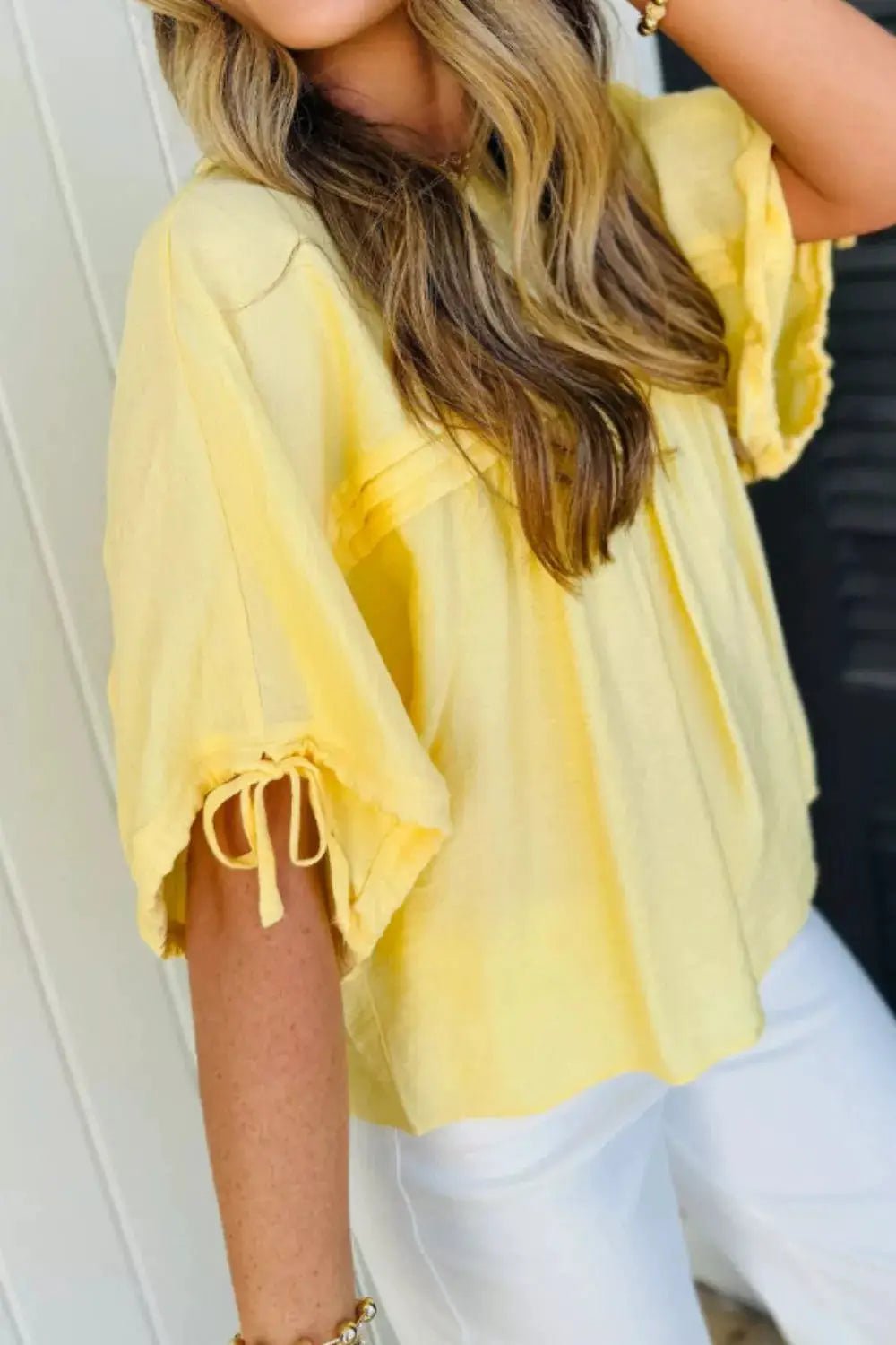Yellow Tie Detail Pleated Babydoll Blouse With Half Sleeves - Fritsch & Co.