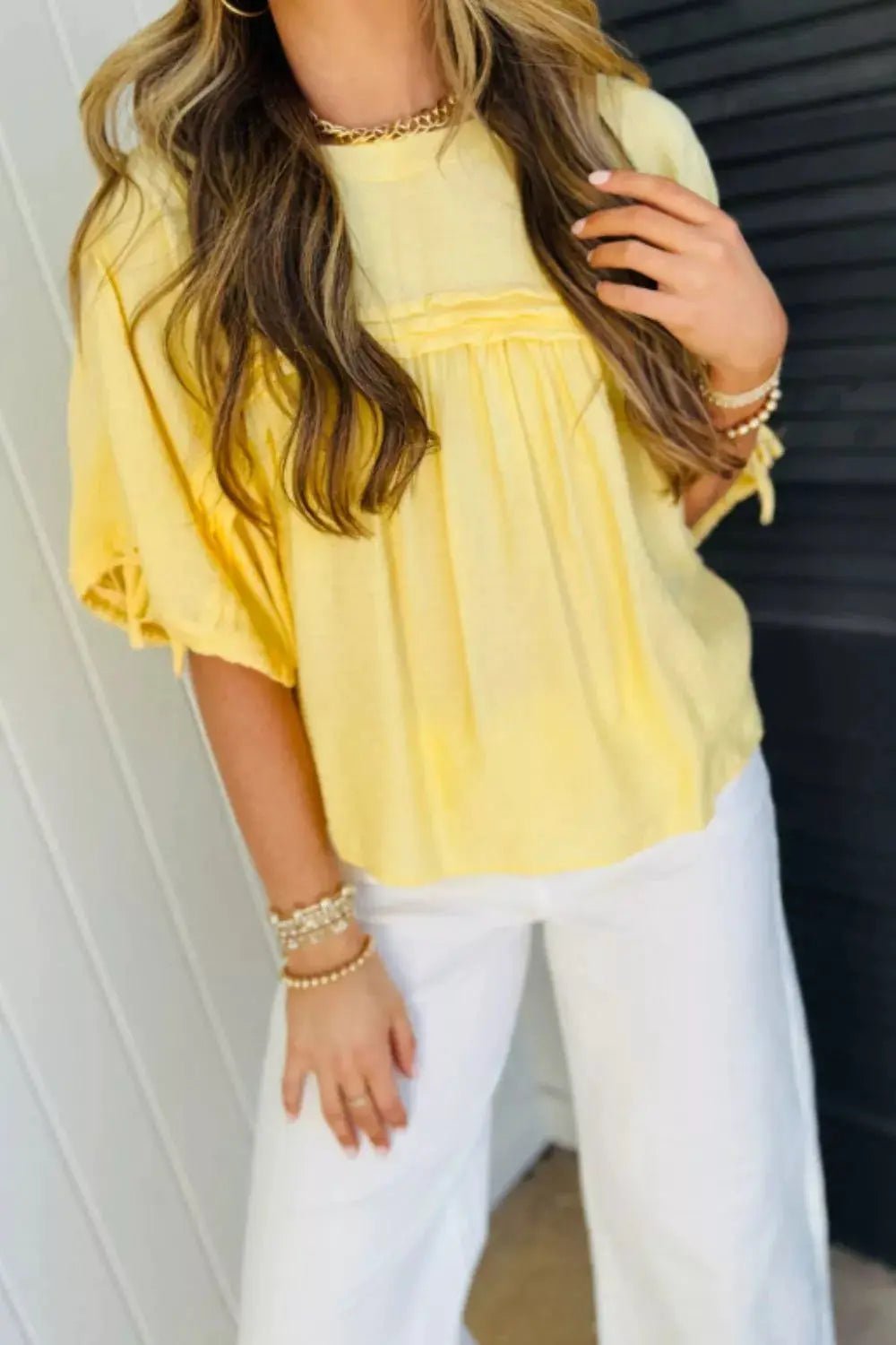 Yellow Tie Detail Pleated Babydoll Blouse With Half Sleeves - Fritsch & Co.