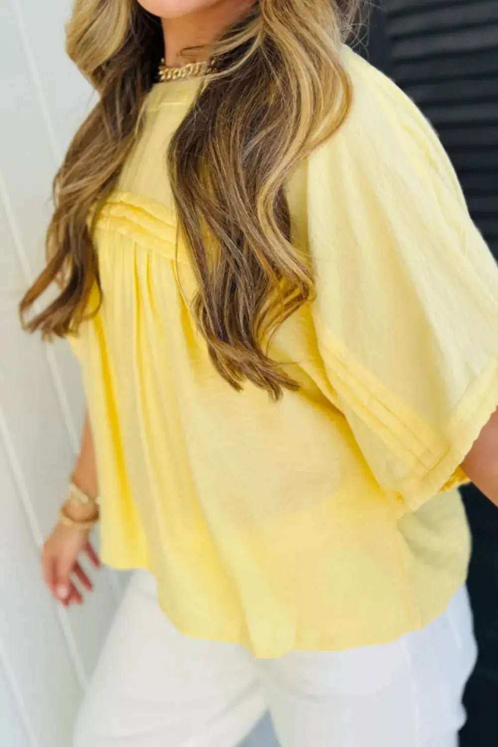 Yellow Tie Detail Pleated Babydoll Blouse With Half Sleeves - Fritsch & Co.