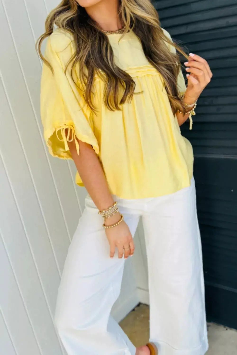 Yellow Tie Detail Pleated Babydoll Blouse With Half Sleeves - Fritsch & Co.